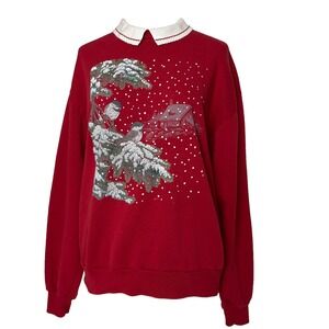 Vintage Womens L Sweatshirt Grannycore Cozy Red w Birds in snow cabin collared
